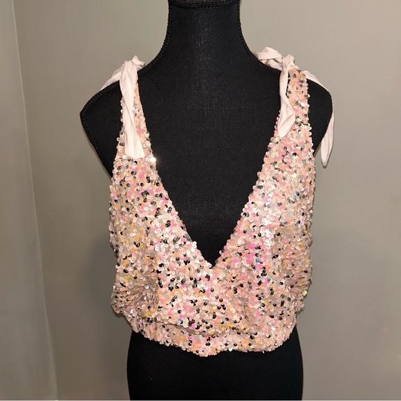 Free People Pink Sequin Crop Top - Picture 2 of 6